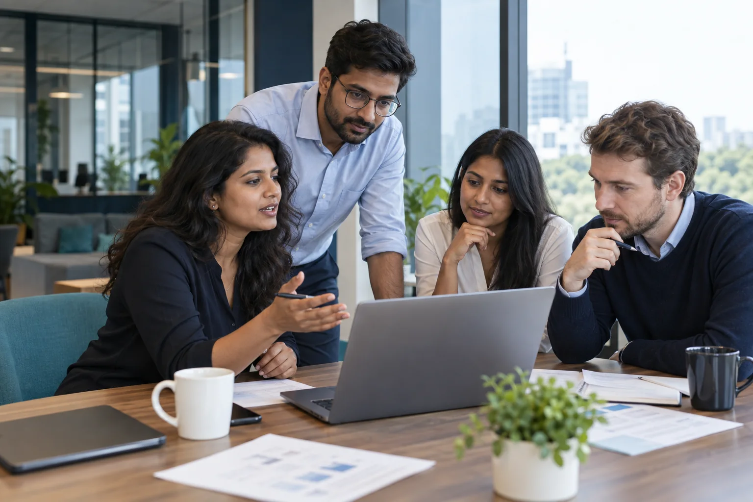 Illustrative scene of a diverse technology team reviewing a laptop together