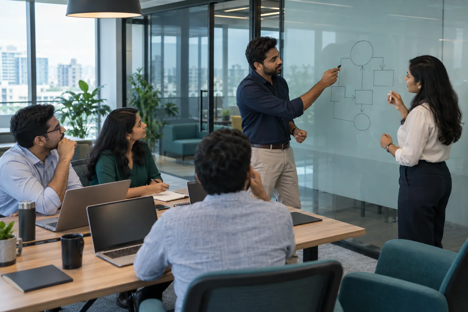 Illustrative scene of colleagues mapping a process at a glass board