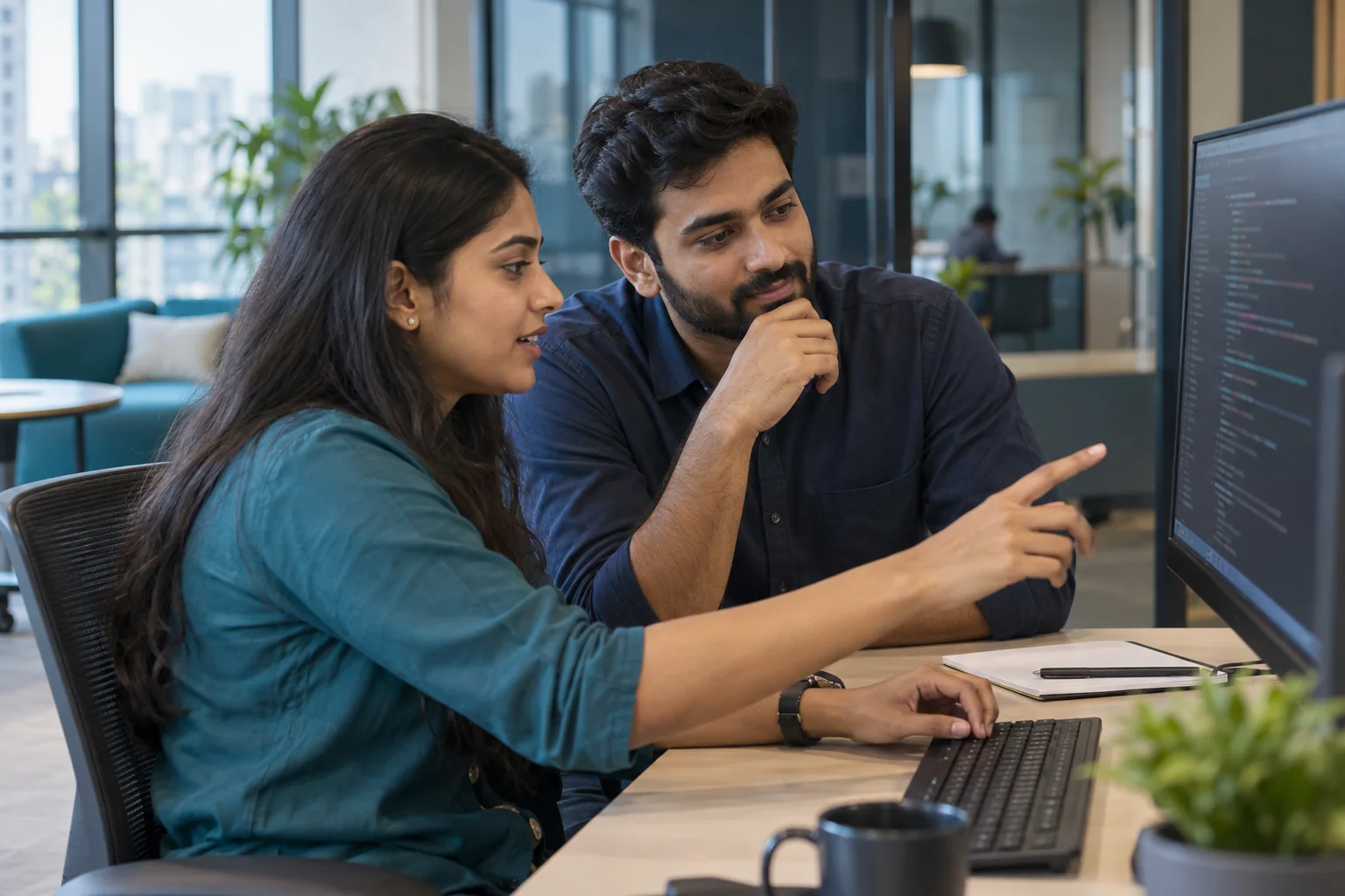Illustrative scene of two Indian technology professionals reviewing code